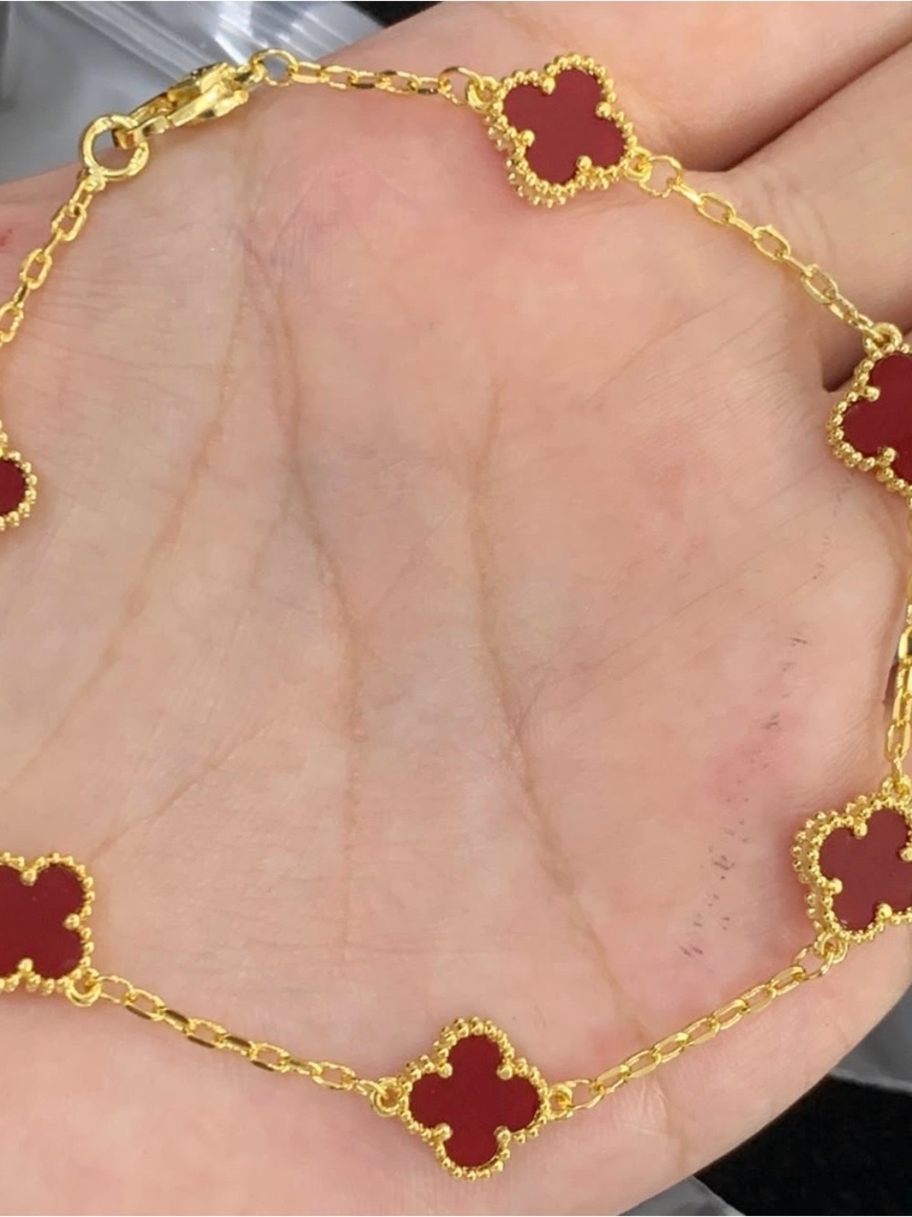 Gold Chain Bracelet with Red Clover Motifs